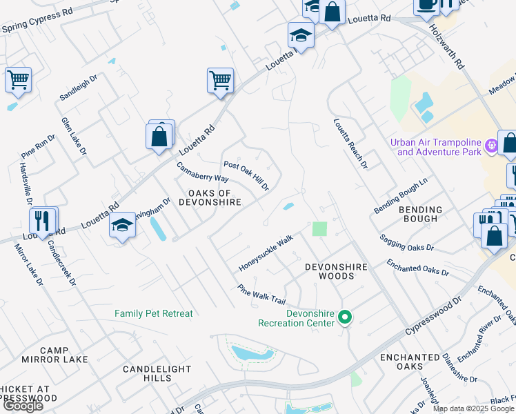 map of restaurants, bars, coffee shops, grocery stores, and more near 20207 Cannaberry Way in Spring