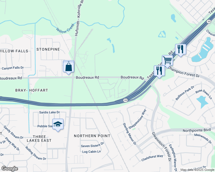 map of restaurants, bars, coffee shops, grocery stores, and more near 11201 Boudreaux Road in Tomball