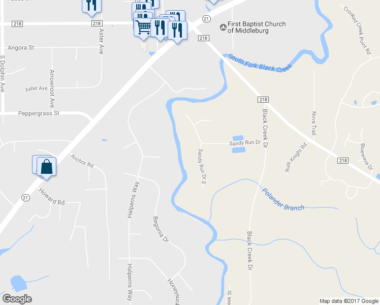 map of restaurants, bars, coffee shops, grocery stores, and more near 2410 Sandy Run Drive South in Middleburg