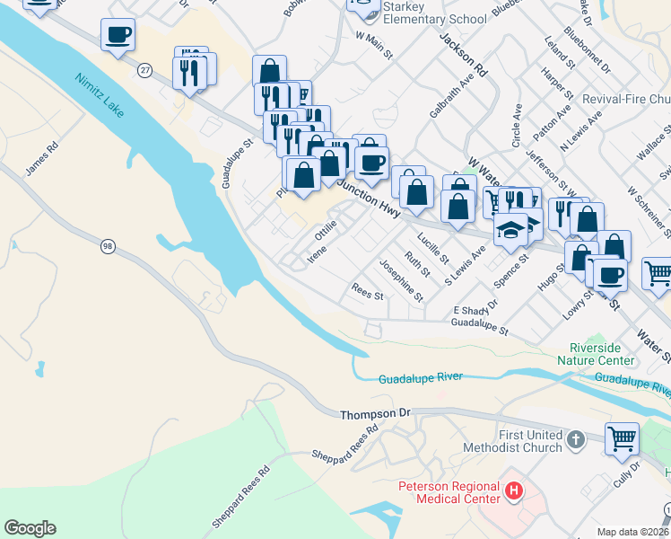 map of restaurants, bars, coffee shops, grocery stores, and more near 611 Milton Street in Kerrville