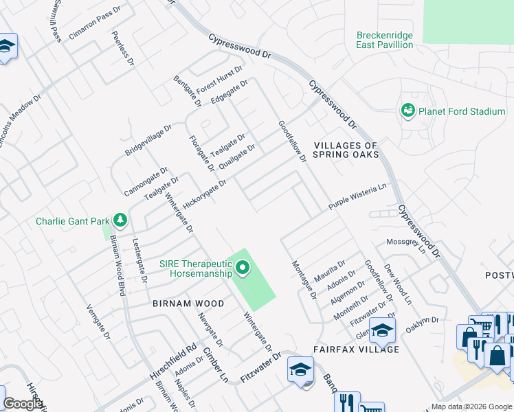 map of restaurants, bars, coffee shops, grocery stores, and more near Montague Drive in Spring