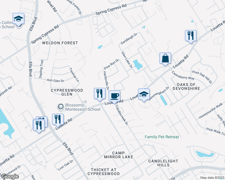map of restaurants, bars, coffee shops, grocery stores, and more near 19918 Hardsville Drive in Spring