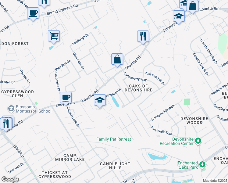 map of restaurants, bars, coffee shops, grocery stores, and more near 2922 Lemmingham Drive in Spring