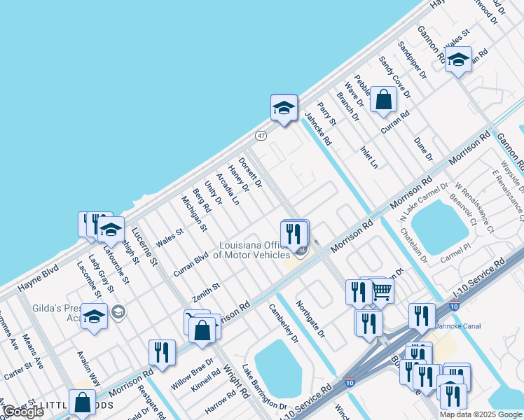 map of restaurants, bars, coffee shops, grocery stores, and more near 7720 Dorsett Drive in New Orleans