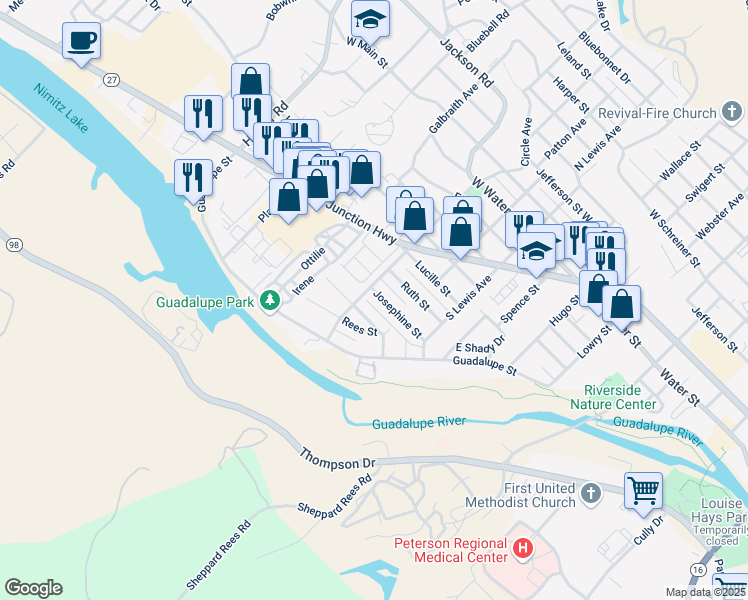map of restaurants, bars, coffee shops, grocery stores, and more near 519 Josephine Street in Kerrville