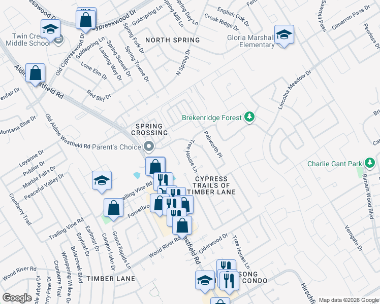 map of restaurants, bars, coffee shops, grocery stores, and more near 3027 Greenlet Court in Spring