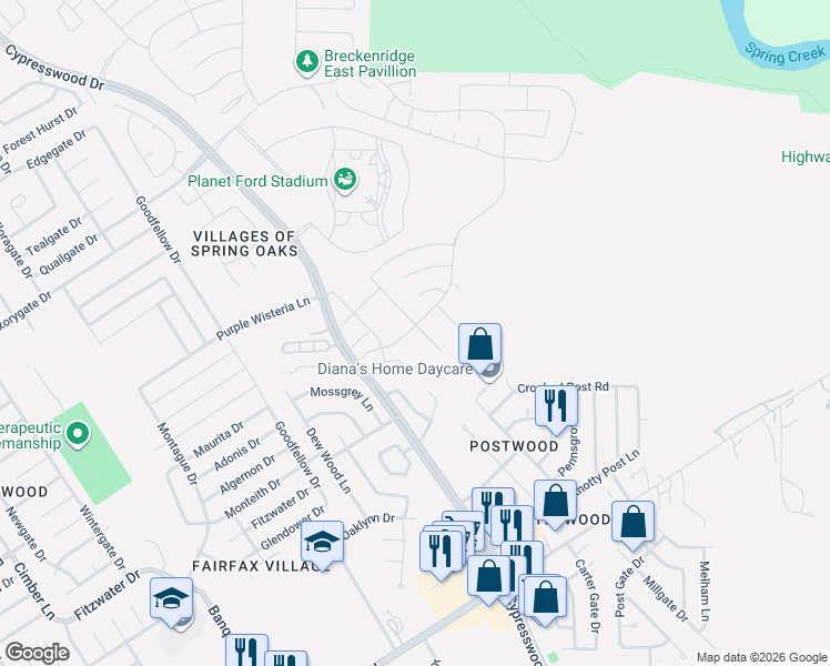 map of restaurants, bars, coffee shops, grocery stores, and more near 23515 Cypresswood Drive in Spring