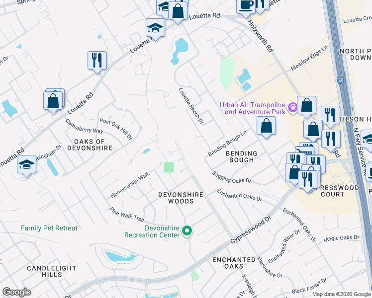 map of restaurants, bars, coffee shops, grocery stores, and more near 19918 Teller Boulevard in Spring