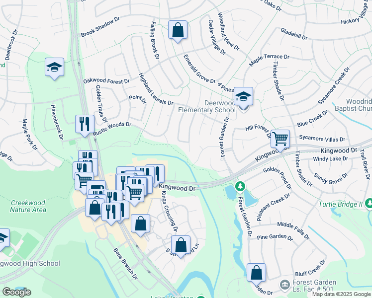 map of restaurants, bars, coffee shops, grocery stores, and more near 2703 Crystal Falls Drive in Houston