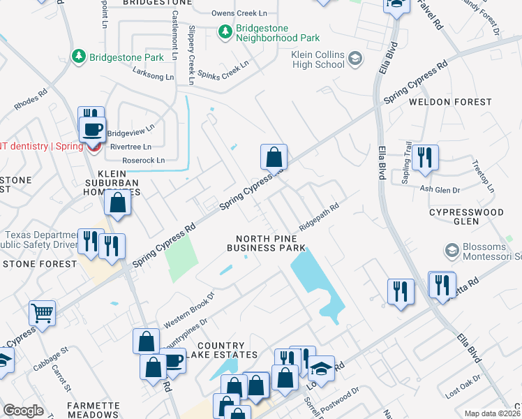 map of restaurants, bars, coffee shops, grocery stores, and more near 4305 Spring Cypress Road in Spring