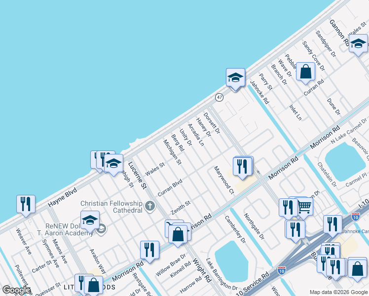 map of restaurants, bars, coffee shops, grocery stores, and more near 7843 Unity Drive in New Orleans