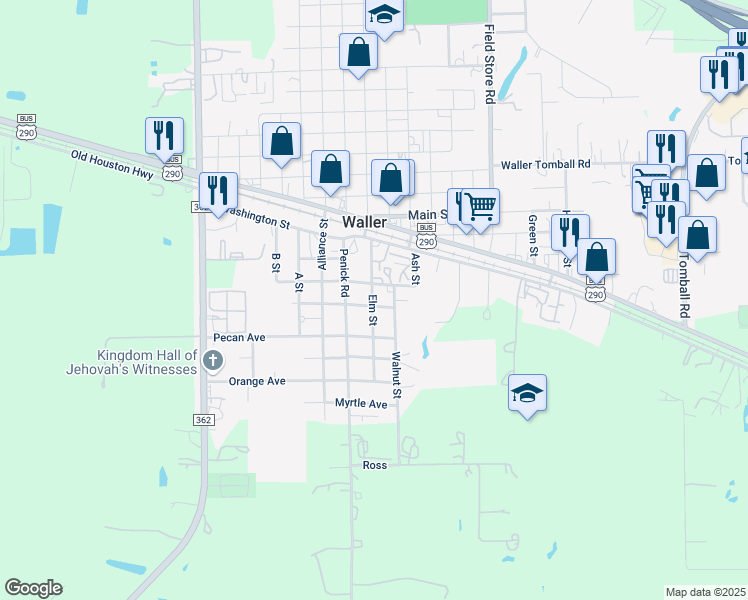 map of restaurants, bars, coffee shops, grocery stores, and more near 610 Elm Street in Waller