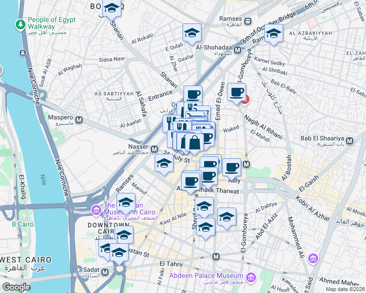 map of restaurants, bars, coffee shops, grocery stores, and more near Souk Al Tawfik in Al Azbakeyah