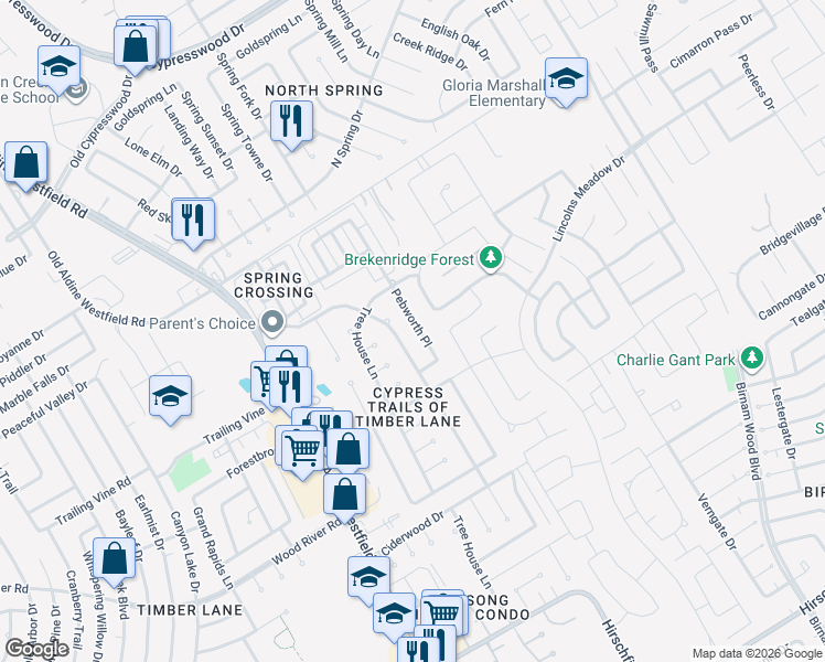 map of restaurants, bars, coffee shops, grocery stores, and more near 23546 Pebworth Place in Spring
