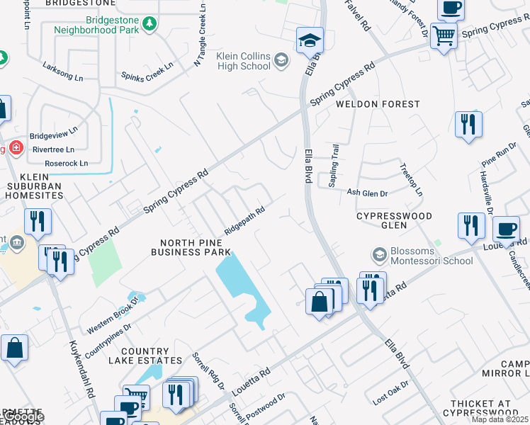 map of restaurants, bars, coffee shops, grocery stores, and more near 4019 Ridgepath Road in Spring
