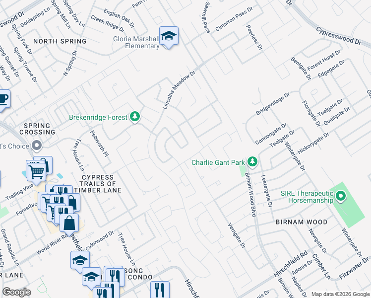 map of restaurants, bars, coffee shops, grocery stores, and more near 23102 Barrington Bluff Trail in Spring