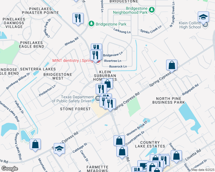 map of restaurants, bars, coffee shops, grocery stores, and more near 19430 Kuykendahl Road in Spring