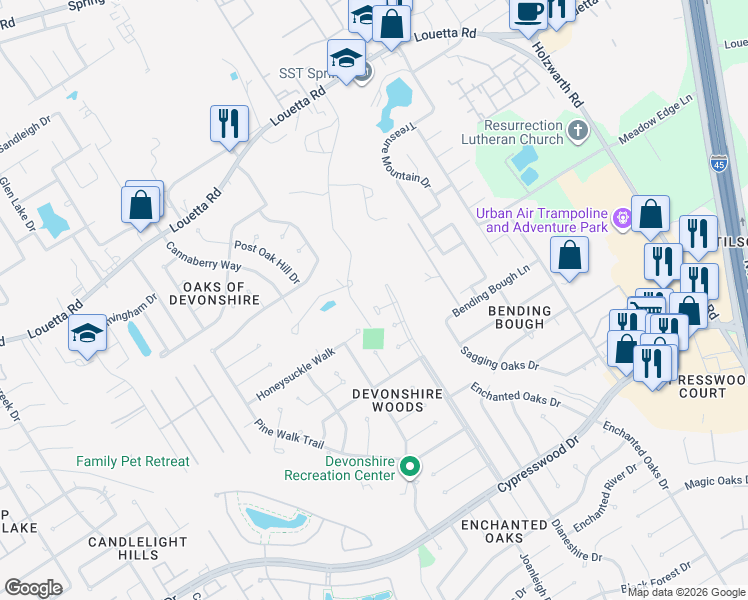map of restaurants, bars, coffee shops, grocery stores, and more near 510 Rams Bottom Court in Spring