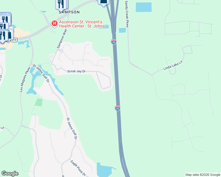 map of restaurants, bars, coffee shops, grocery stores, and more near 787 Scrub Jay Drive in St. Augustine