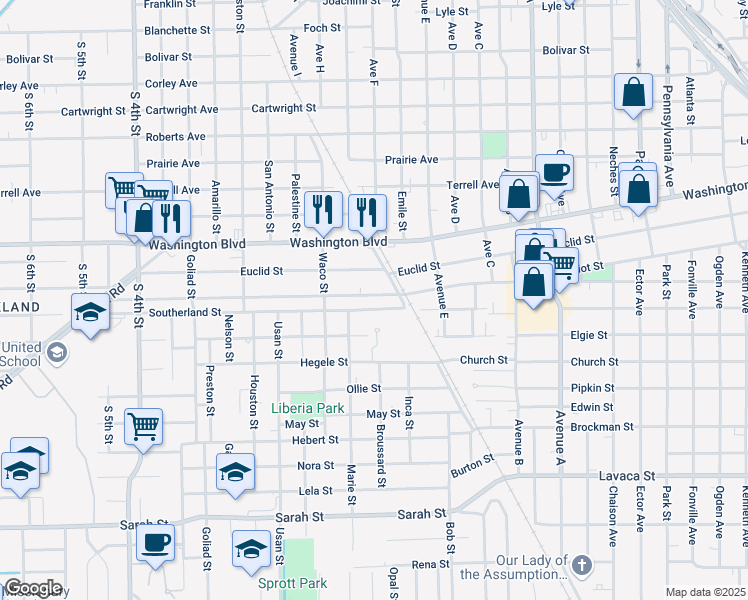 map of restaurants, bars, coffee shops, grocery stores, and more near 1997 Harriot Street in Beaumont