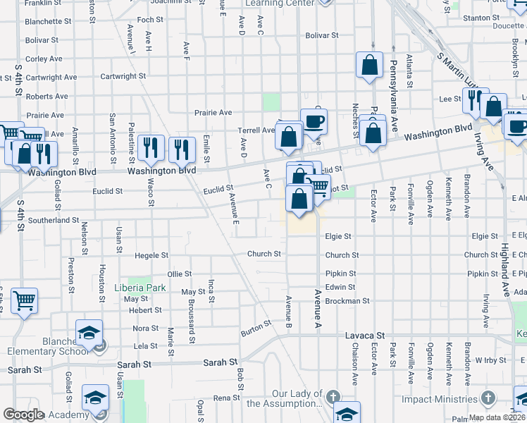 map of restaurants, bars, coffee shops, grocery stores, and more near 3352 Avenue C in Beaumont