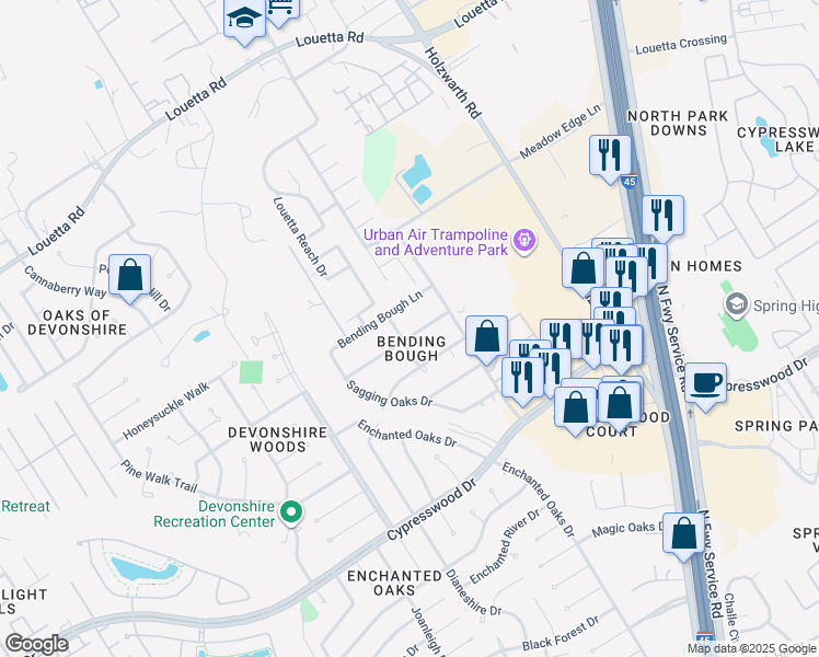 map of restaurants, bars, coffee shops, grocery stores, and more near 1922 Willow Wisp Lane in Spring