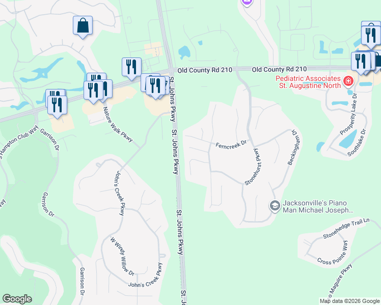 map of restaurants, bars, coffee shops, grocery stores, and more near 2333 Aberford Court in Saint Augustine