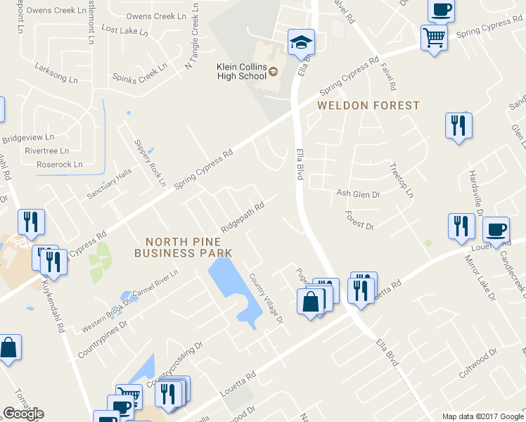 map of restaurants, bars, coffee shops, grocery stores, and more near 4019 Ridgepath Road in Spring
