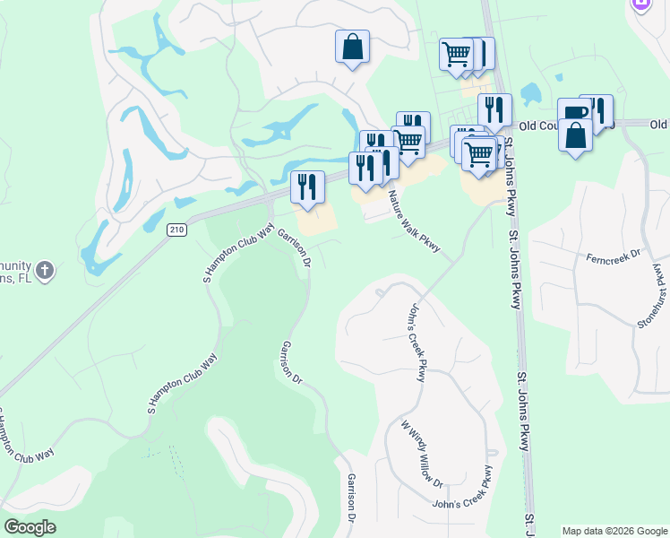 map of restaurants, bars, coffee shops, grocery stores, and more near 720 Corrigan Drive in St. Augustine