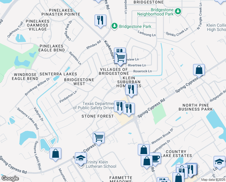 map of restaurants, bars, coffee shops, grocery stores, and more near 5114 Beaubridge Lane in Spring