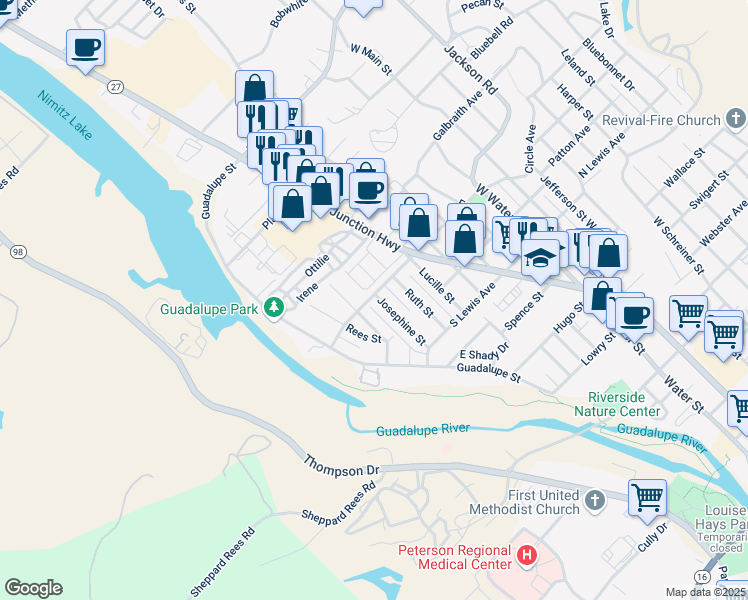 map of restaurants, bars, coffee shops, grocery stores, and more near 519 Josephine Street in Kerrville