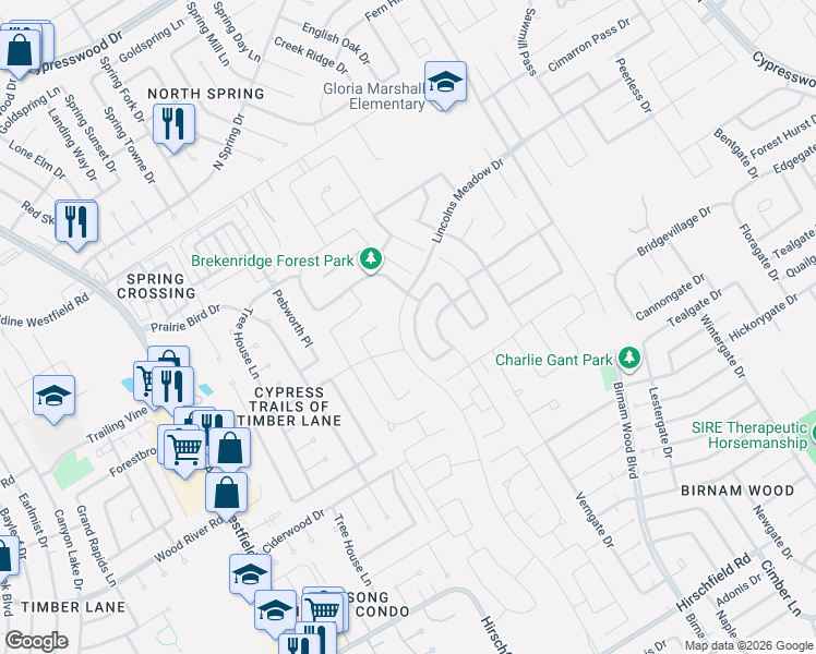 map of restaurants, bars, coffee shops, grocery stores, and more near 23211 Pelham Prairie Lane in Spring