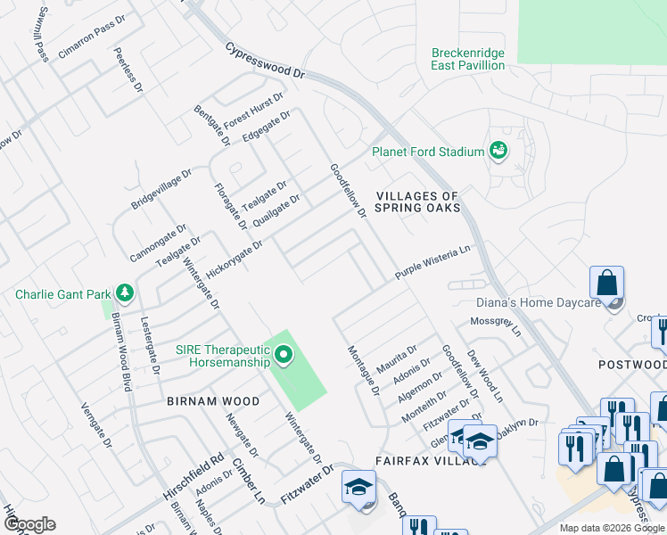 map of restaurants, bars, coffee shops, grocery stores, and more near 4822 Hickorygate Drive in Spring