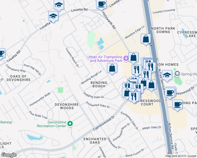 map of restaurants, bars, coffee shops, grocery stores, and more near 1922 Willow Wisp Lane in Spring