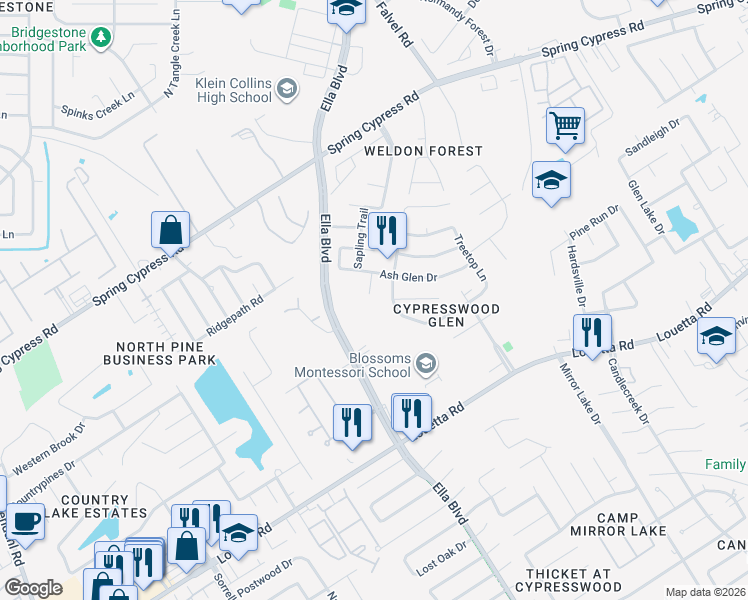 map of restaurants, bars, coffee shops, grocery stores, and more near 20206 Ash Glen Court in Spring