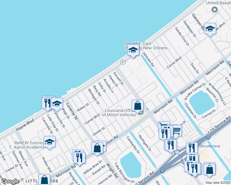 map of restaurants, bars, coffee shops, grocery stores, and more near 7813 Arcadia Ln in New Orleans