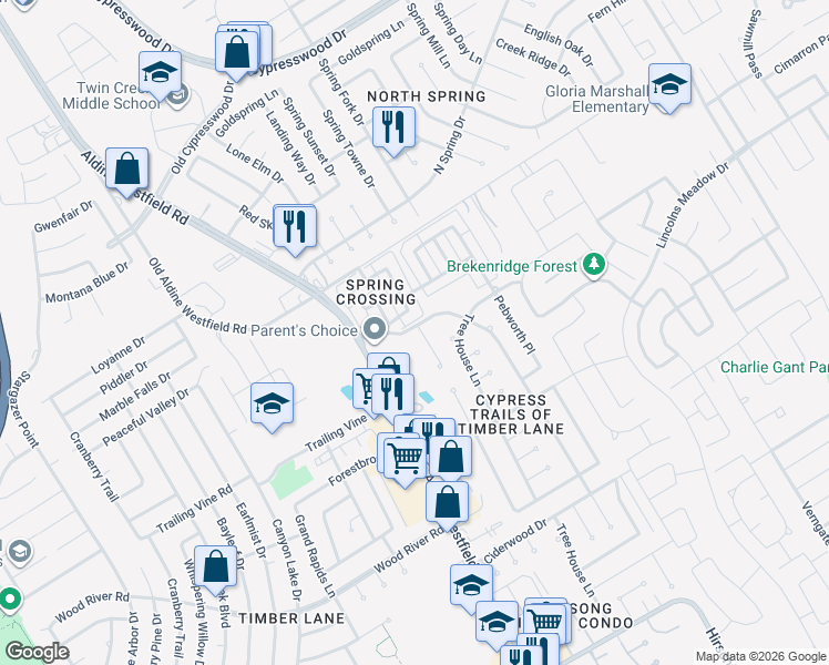 map of restaurants, bars, coffee shops, grocery stores, and more near 23723 Summer Pine Drive in Spring