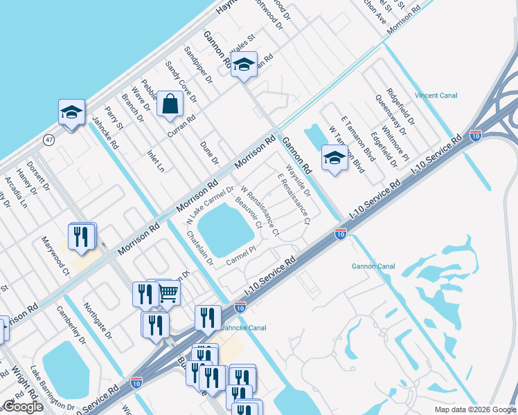 map of restaurants, bars, coffee shops, grocery stores, and more near 7211 Beauvoir Court in New Orleans