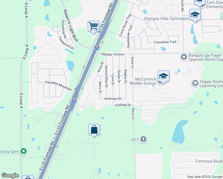 map of restaurants, bars, coffee shops, grocery stores, and more near 404 Love Drive in Buda