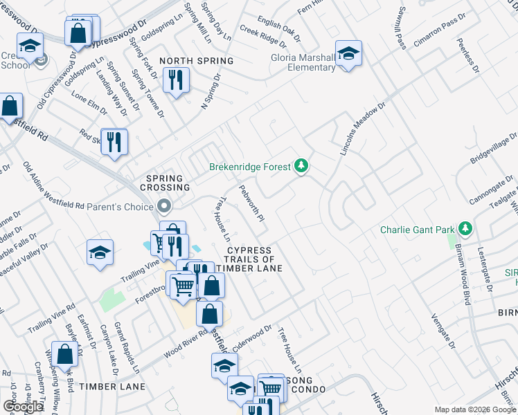 map of restaurants, bars, coffee shops, grocery stores, and more near 23546 Pebworth Place in Spring