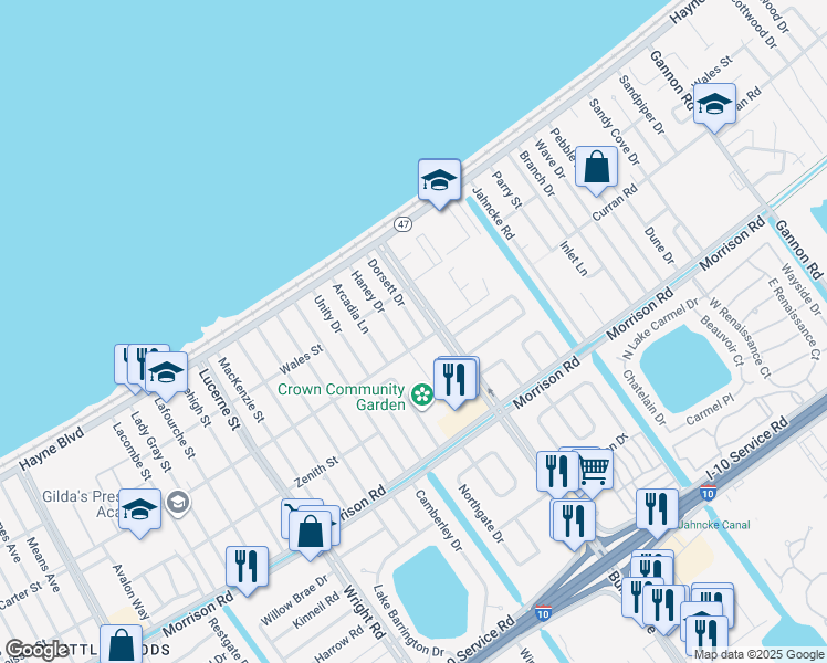 map of restaurants, bars, coffee shops, grocery stores, and more near 7718 Dorsett Drive in New Orleans