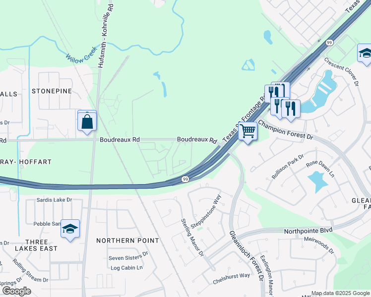 map of restaurants, bars, coffee shops, grocery stores, and more near 10921 Boudreaux Road in Tomball