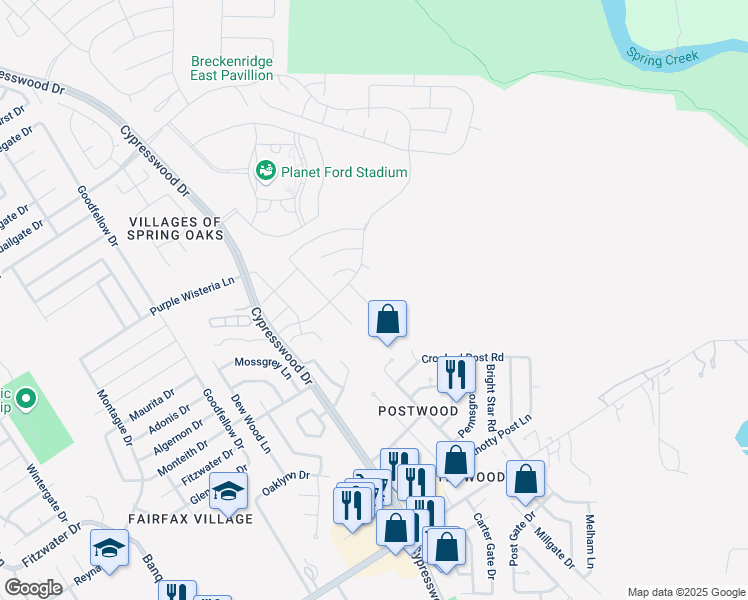 map of restaurants, bars, coffee shops, grocery stores, and more near 23417 Little Wind Lane in Spring