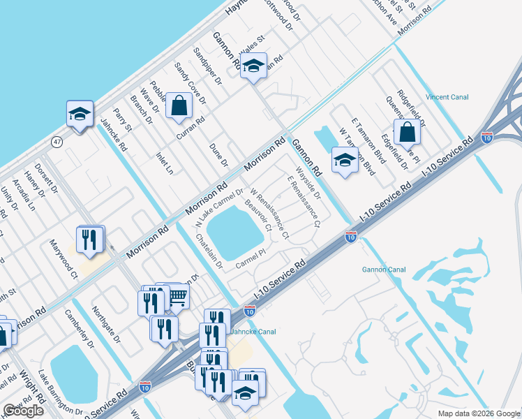 map of restaurants, bars, coffee shops, grocery stores, and more near 7211 Beauvoir Court in New Orleans