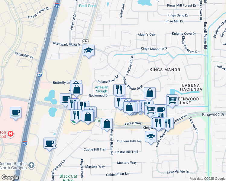 map of restaurants, bars, coffee shops, grocery stores, and more near 929 Rockmead Drive in Houston
