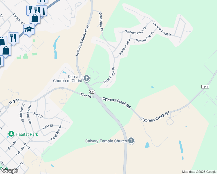 map of restaurants, bars, coffee shops, grocery stores, and more near 121 Mesa Del Sol in Kerrville