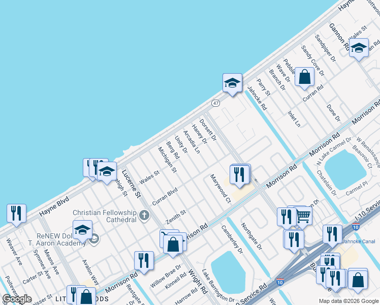 map of restaurants, bars, coffee shops, grocery stores, and more near 7843 Unity Drive in New Orleans