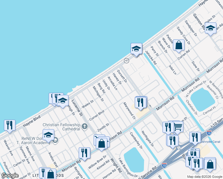 map of restaurants, bars, coffee shops, grocery stores, and more near 7843 Unity Drive in New Orleans
