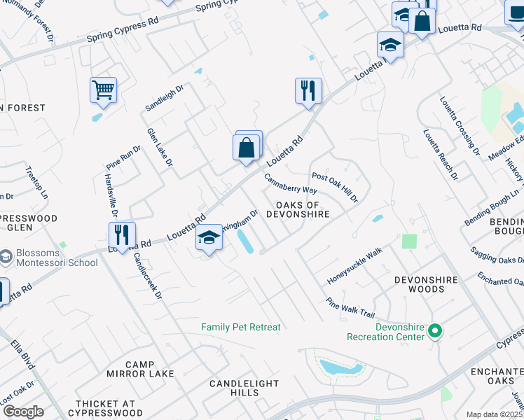 map of restaurants, bars, coffee shops, grocery stores, and more near 20346 Little Wing Drive in Spring