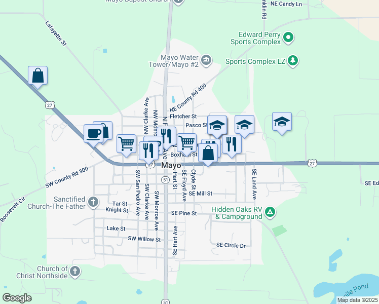 map of restaurants, bars, coffee shops, grocery stores, and more near 213 East Main Street in Mayo